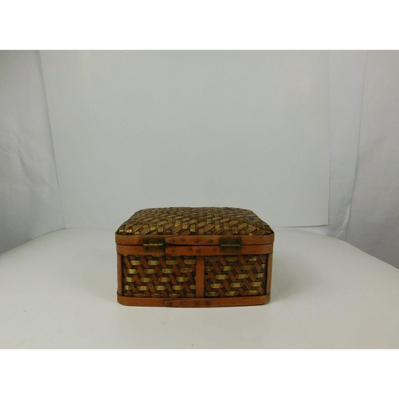 Vintage Bombay Set of 2 Nesting Wood Metal Woven Storage Boxes Hinged Lids Latch - Picture 5 of 16